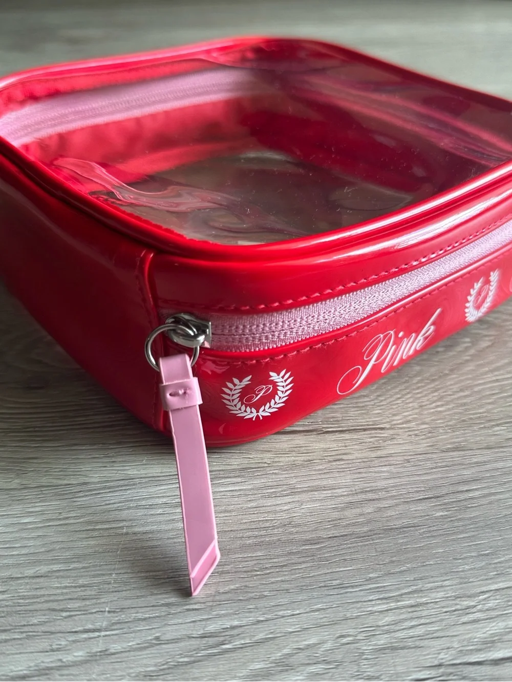 Victoria's Secret PINK Cosmetic Makeup Pouch Case Red Patent with Pink Zipper